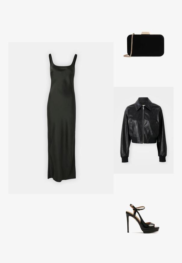 Must mustast nahkajope, millel on terav krae, tõmblukk ja elastsed mustad mansetid ning alläär. Omab küljetaskuid.; Samsøe Samsøe SUNNA DRESS - Maksikleit - black; Mustad must kõrge kontsaga sandaal avatud varbaga, ankle strap, läikivast nahast, platvormi alus ja stilletokonts. Kuldne riistvara detail.; Mustvalgest sametist kott kuldtooni detailidega, ristküliku kujuga ja kettstrapiga, omades siledat tekstuuri ega nähtavaid mustreid.
