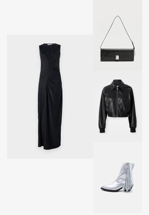 Chaqueta de cuero negra cortada con cuello puntiagudo, cierre de cremallera y puños y dobladillo elásticos negros. Cuenta con bolsillos laterales.; Vestido maxi negro sin mangas con detalles drapeados en el costado, confeccionado en una tela suave; cuenta con un escote redondo y una silueta ajustada.; Bota de tobillo plateada brillante con tacón bajo y detalle de flecos largos colgando del lado trasero.; Bolso de mano de cuero negro con textura suave, forma rectangular, detalles metálicos plateados y una correa desmontable para mayor versatilidad.