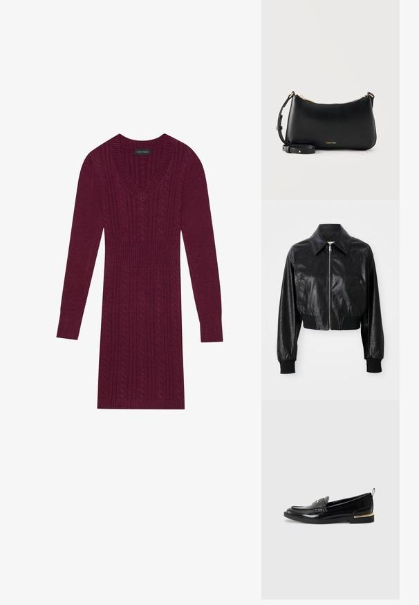 Sort læder cropped jakke med spidse kraver, lynlåslukning og elastiske sorte manchetter og kant. Har sidelommer.; Mørkerød strikket kjole med V-hals, lange ærmer, ribbede manchetter og et kabelstrik mønster over hele kjolen. Tætsiddende livdesign.; Sorte patenterede lædersko med rund tå, en dekorativ rem og et guldaccent på hælen. Glat tekstur med syede detaljer.; Sort læder Calving Klein skuldertaske med guldfarvet lynlås og justerbar rem på ensfarvet lys baggrund.