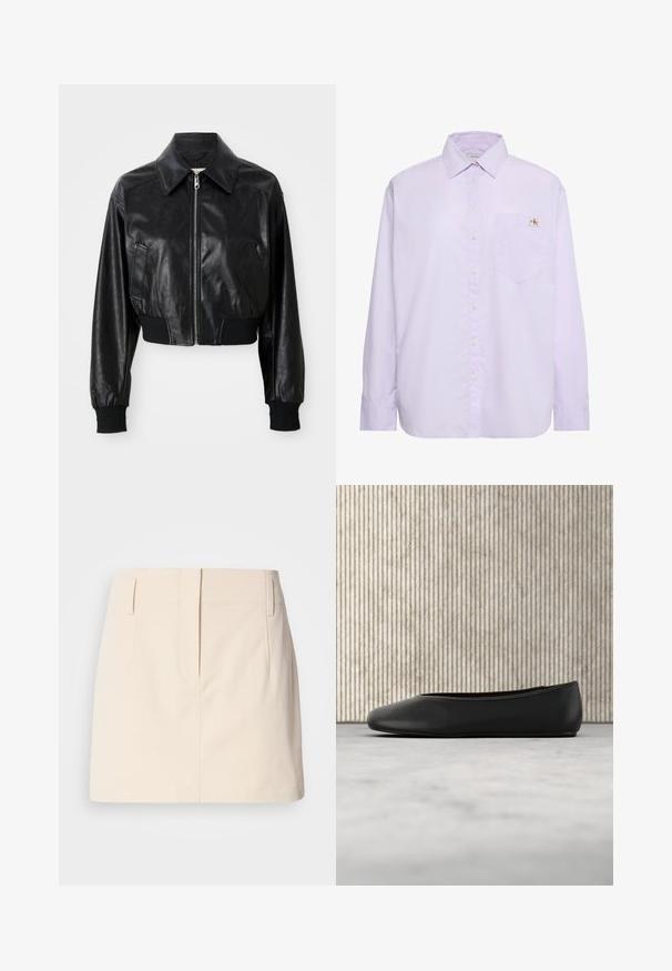Sort læder cropped jakke med spidse kraver, lynlåslukning og elastiske sorte manchetter og kant. Har sidelommer.; Lys lilla langærmet skjorte med knapper, venstre brystlomme og lille Calvin Klein-logo over lommen.; Calvin Klein Jeans SKIRT - A-snit nederdel - fog; Sorte læder balletflade med en rund tå, glat tekstur og en gulds logoaccent på siden. Placeret over en reflekterende overflade.
