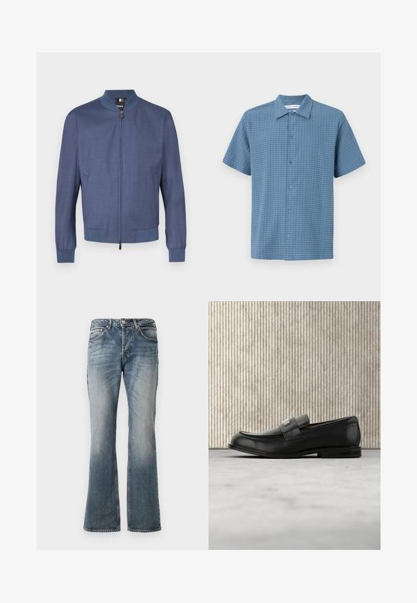 Marineblaue Bomberjacke mit Reißverschluss vorne, gerippten Bündchen und Kragen. Hergestellt aus glattem Stoff mit feiner Struktur. Zwei Seitentaschen.; Kurzärmliges Hemd mit Knopfleiste in Hellblau, aus strukturiertem Stoff, mit einem Karomuster und einem klassischen Kragen. Sechs Knopfverschlüsse an der Vorderseite.; Blaue ausgewaschene Jeans mit leicht ausgestelltem Bein, Fünf-Taschen-Design und Knopfverschluß an der Taille.; Schwarzer Lederloafer mit einer Metallmarkenplatte, der nahe einem braunen runden Tisch auf beigem Teppichboden ruht.
