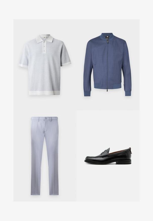 Veste aviateur bleu marine avec fermeture éclair à l'avant, poignets et col en bord-côte. Confectionnée en tissu lisse avec une texture subtile. Deux poches latérales.; Polo gris clair avec un motif texturé, manches courtes, et un col et un ourlet blancs contrastants. Patte de boutonnage à trois boutons à l'avant.; Pantalons tailleur gris clair en tissu lisse, dotés d'une fermeture à bouton, de passants de ceinture et d'une coupe droite. Pas de poches visibles.; Mocassin homme en cuir noir avec couture moc toe, bride penny, col texturé et petit talon empilé sur fond blanc.