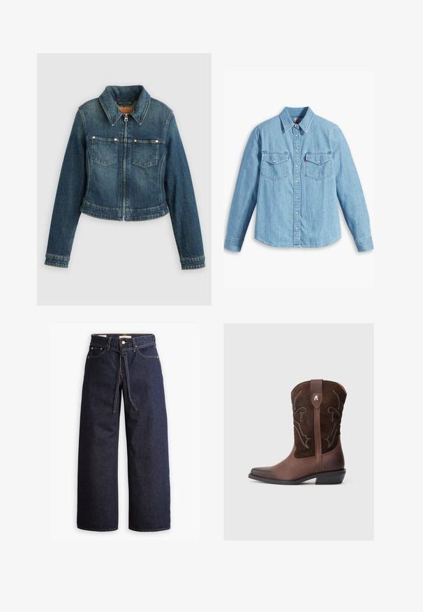 Blauwe spijkerjasje met lange mouwen, ritssluiting aan de voorkant, twee borstzakken en een puntige kraag op een effen achtergrond.; Lichtblauwe spijker blouse met lange mouwen, puntige kraag, twee borstzakken, knoopsluiting en subtiele textuur. Geen zichtbare patronen.; Wijd pijpjes donkerblauwe denim jeans met een hoge taille, voorzien van een trekkoord, vijf zakken en contrasterende stiksels.; Bruine leren cowboylaars met een gestructureerd suède bovendeel, gedetailleerde witte stiksels, een spits toelopende neus en een lage blokhak.