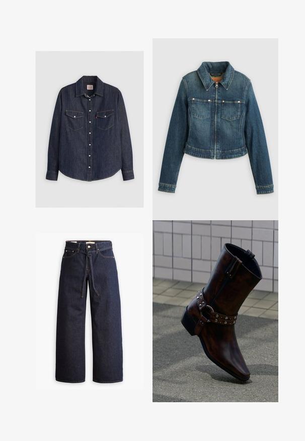 Blå denimjakke med lange ærmer, frontlynlås, to brystlommer og en spids krave på en ensfarvet baggrund.; Mørkeblå denimskjorte med lange ærmer, knaplukning fortil, to brystlommer med klapper og kontrasterende gule sømme.; Bredde ben mørkeblå denim jeans med høj talje, der har snoretræk, fem lommer og kontrastsyet detaljer.; Mørkebrune læderankelstøvler med sølvnitter og en remdetalje, vist mod en baggrund af fliser på væggen og betongulv.