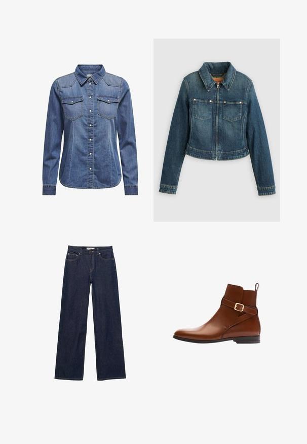 Blå denimjakke med lange ærmer, frontlynlås, to brystlommer og en spids krave på en ensfarvet baggrund.; Denimskjorte i mørkeblå, med krave, lange ærmer, dobbelt brystlomme og kontrasterende syninger.; Mørkeblå jeans med lige ben, forlommer, bæltestropper, knaplukning og synlige kontrastsyninger.; Brun læderankelstøvle med sidebøjle, slank form, glat tekstur og lav stakket hæl.