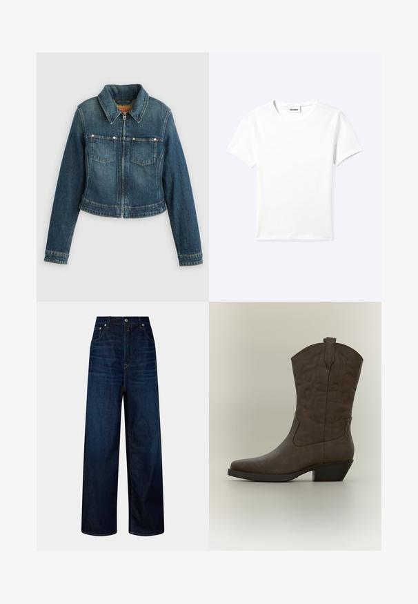 Chaqueta de mezclilla azul con mangas largas, cremallera frontal, dos bolsillos en el pecho y cuello puntiagudo sobre un fondo liso.; Camiseta blanca lisa de manga corta con cuello redondo y una pequeña etiqueta "WEEKDAY" dentro del cuello, mostrada extendida sobre un fondo claro.; Jeans de tiro alto, de pierna ancha y de color azul oscuro, con bolsillos frontales, botón y cierre de cremallera, exhibidos sobre un fondo liso.; Bota de vaquero de cuero marrón de altura media con punta puntiaguda, costura decorativa, tira para tirar y tacón de bloque inclinado sobre fondo neutro.