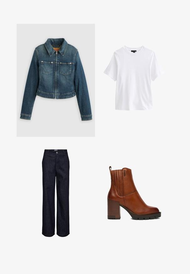 Blå denimjakke med lange ærmer, frontlynlås, to brystlommer og en spids krave på en ensfarvet baggrund.; Hvid t-shirt med korte ærmer og rund halsudskæring med en sort tøjetiket inde i kraven på hvid baggrund.; Mørkeblå denimjeans med lige ben, knap- og lynlåslukning, bæltestropper og synlige syningsdetaljer.; Brun læderankelstøvle med chunky stablet hæl, rillede sorte såler, lodret syning og en træksnor bagpå.