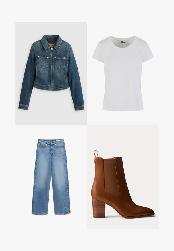 Veste en denim bleu à manches longues, fermeture éclair à l'avant, deux poches poitrine et col pointu sur un fond uni.; T-shirt blanc à manches courtes en coton. Il présente une encolure arrondie et une coupe cintrée. L'étiquette indique "URBAN CLASSICS".; Jean en denim bleu clair à jambes larges avec poches avant, passants pour ceinture, et une fermeture à bouton et zip.; Bottine en cuir marron avec talon bloc, panneaux latéraux élastiques et languette à l'arrière, vue de profil sur un fond uni.