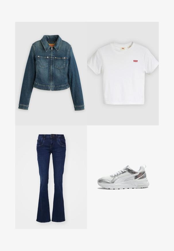 Veste en denim bleu à manches longues, fermeture éclair à l'avant, deux poches poitrine et col pointu sur un fond uni.; T-shirt blanc à manches courtes avec col rond et petit logo rouge Levi's sur la poitrine gauche.; Jean flare bleu foncé en denim. Comprend cinq poches, une fermeture éclair à l'avant et des détails de couture le long des coutures.; Baskets blanches de sport avec accents argentés métalliques, dessus en mesh et synthétique, semelle contrastante et système de laçage central.