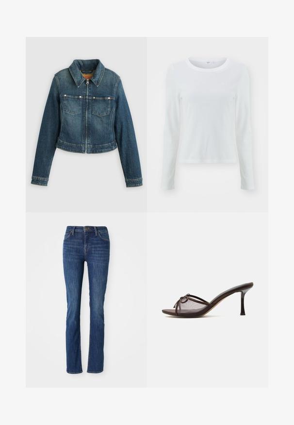 Veste en denim bleu à manches longues, fermeture éclair à l'avant, deux poches poitrine et col pointu sur un fond uni.; GAP TEE - T-shirt à manches longues - white; Jeans droits bleus avec une légère décoloration, poches avant, passants de ceinture et fermeture à bouton sur fond blanc.; Mule ouverte marron avec talon aiguille de hauteur moyenne, tige en mesh transparent et petit détail de nœud sur le dessus.