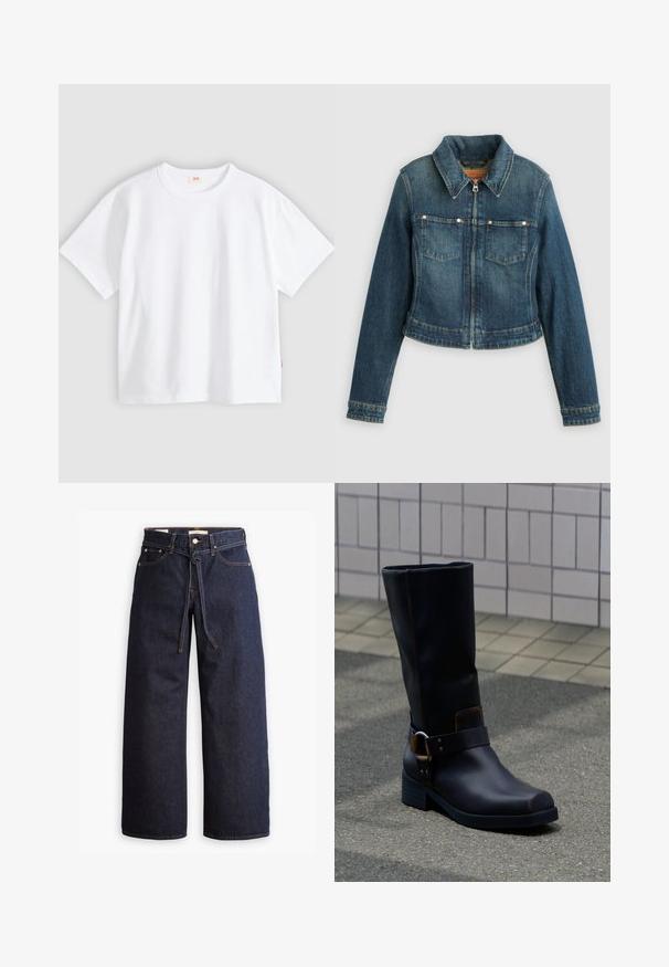 Veste en denim bleu à manches longues, fermeture éclair à l'avant, deux poches poitrine et col pointu sur un fond uni.; T-shirt en coton blanc à manches courtes, col rond, coupe décontractée, texture lisse, avec une petite étiquette logo sur la couture latérale gauche.; Jeans en denim bleu foncé à jambes larges, avec une taille haute, dotés d'un lien à cordon, de cinq poches et de détails de couture contrastants.; Botte en cuir noire mi-mollet avec un talon bas et une bride décorative avec boucle en métal, posée sur une surface pavée grise près d'un mur carrelé.