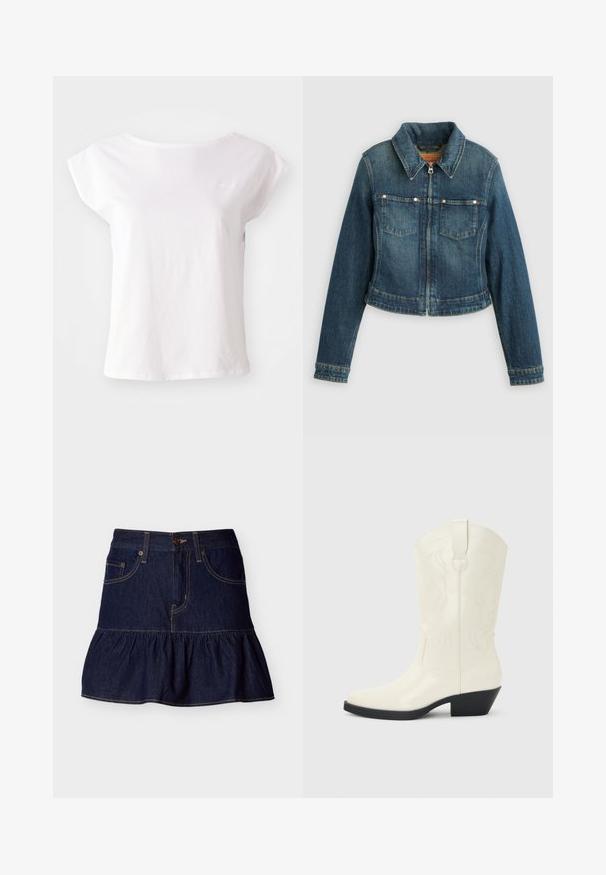 Chaqueta de mezclilla azul con mangas largas, cremallera frontal, dos bolsillos en el pecho y cuello puntiagudo sobre un fondo liso.; Camiseta corta de manga corta blanca hecha de algodón, con un cuello redondo y un diseño de corte suelto. Incluye un sutil logo en el pecho.; Minifalda de mezclilla azul oscuro con dobladillo con volantes, cierre frontal de botones y cremallera, y dos bolsillos delanteros con trabillas para cinturón.; Bota blanca de estilo occidental hasta la mitad de la pantorrilla, con punta puntiaguda, tacón apilado negro, costuras decorativas y tira para tirar en el eje.