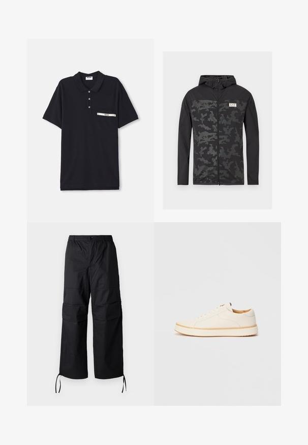 Chaqueta negra con cremallera y capucha que presenta un patrón de camuflaje pixelado gris en la parte delantera, confeccionada con tela ligera y texturizada.; Camisa polo negra de algodón con una tapeta de tres botones, mangas cortas y un bolsillo en el pecho que presenta un acento plateado y una etiqueta.; Pantalones cargo negros hechos de una tela ligera, con piernas anchas, cinturilla elástica y cordones ajustables en los puños. Dos bolsillos laterales.; Zapatilla de cuero blanca con puntera redonda, diseño sencillo de cordones, plantilla acolchada y suela de goma marrón contrastante. Textura suave en toda su superficie.