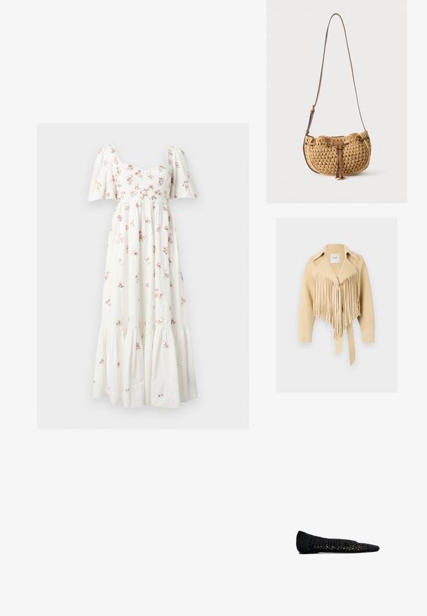 Nanushka TICIA - Übergangsjacke - creme; Weißes Midikleid mit Puffärmeln, tailliertem Oberteil und kleinem rosa Blumenmuster, mit einem gerafften, mehrstufigen Rock.; Schwarze gehäkelte Ballerinas mit spitzer Zehe, ausgestattet mit einer geflochtenen Textur und einer dezenten Innenauskleidung, die für Komfort und Atmungsaktivität sorgt.; Kleine hellbraune gewebte Schultertasche mit verstellbarem braunen Ledertragegurt und vorderem Lederbindedetail, hängend vor weißem Hintergrund.
