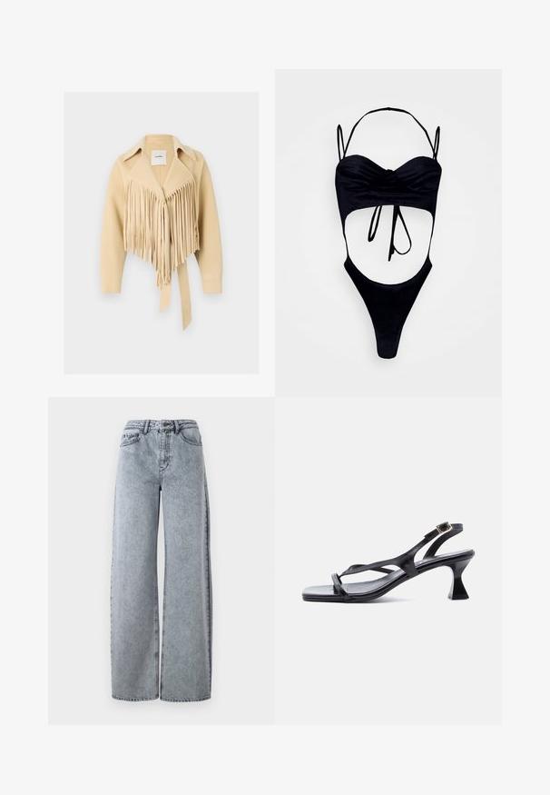 Nanushka TICIA - Jas - creme; GmbH WITH CUPS - Top - black; Licht gewassen denim wijde pijpen jeans met een hoge tailleband, voorzien van voorzakken, riemlussen en contrasterende stiksels.; Zwarte lederen damessandaal met dunne riempjes, vierkante neus, verstelbare enkelgesp en uitgewerkte hak van gemiddelde hoogte.