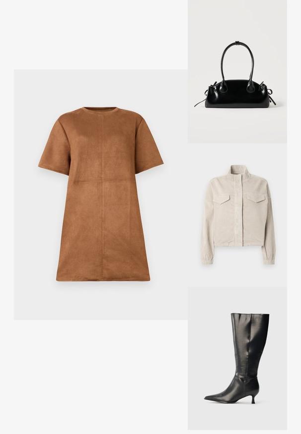 Chaqueta corta de pana beige con cuello alto, puños elásticos y dos bolsillos en el pecho. Presenta una textura acanalada vertical y cierre frontal con cremallera.; Vestido corto de ante marrón con mangas cortas, escote de barco y detalles de costura vertical y horizontal en el frente.; Bota negra de cuero hasta la rodilla, con punta afilada y tacón bajo tipo kitten, mostrada sobre un fondo claro y sencillo.; Pequeño bolso negro brillante con dos asas largas y detalles de cordón lateral sobre un fondo claro liso.