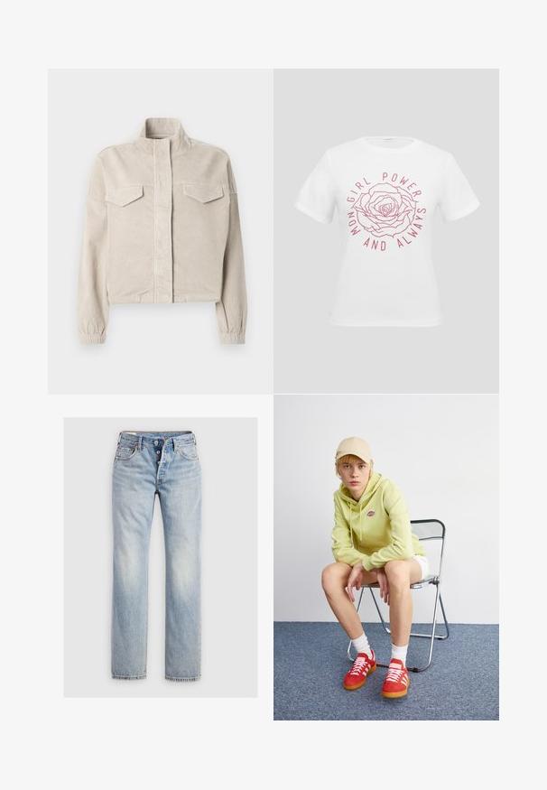 Beige-värinen, puolipitkä ribbineulottu corduroy-takki, jossa on korkea kaulus, joustavat hihansuut ja kaksi rintataskua. Takissa on pystysuuntainen ribbineulos ja edessä vetoketjusuljenta.; Valkoinen lyhythihainen t-paita, jossa on vaaleanpunainen ruusukuva ja sanat "Girl Power Now and Always" ruusun ympärillä.; Vaaleansiniset farkut, joissa on suora lahkeiden design, viiden napin napitus ja taka-taskut hienovaraisella tikkausdetaililla.; Vaaleanvihreä huppari, jossa on logo, valkoiset shortsit, punaiset tennarit valkoisilla raidoilla, istuu kromisessa taitettavassa tuolissa neutraalia taustaa vasten.