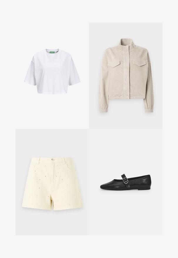 Gekürzte Cordjacke aus beigem Cordstoff mit hohem Kragen, elastischen Bündchen und zwei Brusttaschen. Verfügt über eine vertikale Rippenstruktur und einen Reißverschluss vorne.; Weißes, kurzärmliges Crop-Top aus Baumwolle mit Rundhalsausschnitt. Grünes Etikett innen mit sichtbar Markenname.; Gelbe Denim-Shorts mit hoher Taille und lockerer Passform, die vorne mit kleinen silbernen Nieten verziert sind.; Schwarzer Lederflatschuh mit runder Zehenform, einem verstellbaren Schnallenriemen und einer glatten, glänzenden Oberfläche. Minimalistisches Design mit einem niedrigen Absatz.