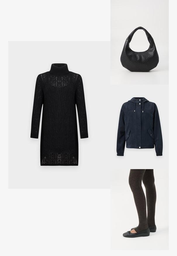 Veste en velours côtelé bleu foncé avec capuche, boutons-pression à l'avant, poignets élastiques et deux poches à rabat avec fermetures par pression.; Robe noire en maille à manches longues et col roulé avec un motif dentelle complexe et une coupe droite jusqu'au genou.; Jambes portant des leggings côtelés foncés associés à des ballerines noires avec de petits détails en nœud sur fond blanc.; Sac à main tissé noir avec une poignée courbée, présentant une surface texturée et une forme décontractée. Fini lisse avec une silhouette organique.