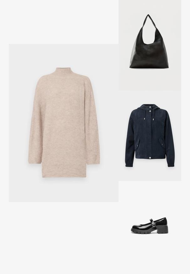 Dunkelblaue Cordjacke mit Kapuze, vorderen Druckknöpfen, elastischen Bündchen und zwei Klappentaschen mit Druckknopfverschluss.; Beige Pullover mit hohem Kragen und fallenden Schultern, aus geripptem Strickmaterial gefertigt. Lockerer Schnitt mit langen Ärmeln und einer glatten Textur.; Schwarzer lackleder Mary Jane Schuh mit einem klobigen Absatz, runder Spitzenform und einem Riemen mit einer herzförmigen Schnalle.; Schwarze, glatte Leder-Schultertasche mit einem breiten, einzelnen Riemen und einem lässigen, minimalistischen Design vor einem einfarbigen Hintergrund.