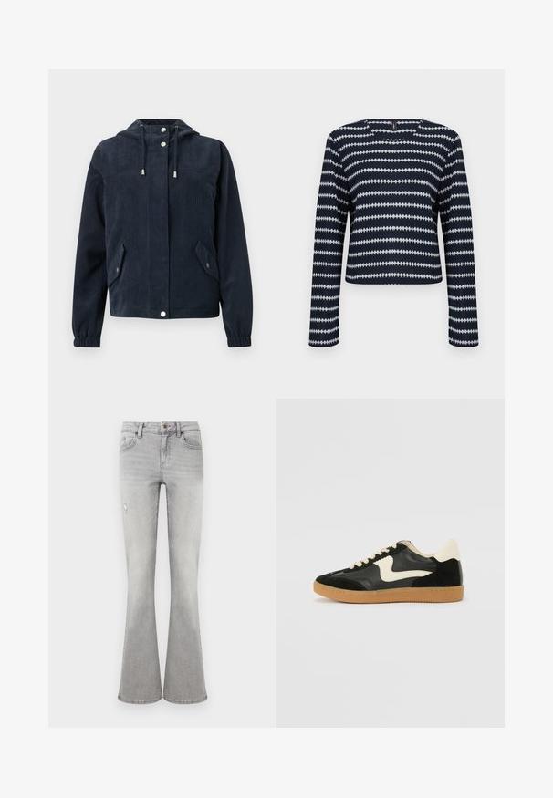 Veste en velours côtelé bleu foncé avec capuche, boutons-pression à l'avant, poignets élastiques et deux poches à rabat avec fermetures par pression.; Pull à manches longues bleu marine et blanc avec un motif à rayures zigzag horizontales et un col rond sur un fond uni.; Jean flare taille haute pour femmes en gris clair avec poches avant, fermeture par bouton et un petit détail usé sur la cuisse gauche.; Baskets en daim et cuir noir avec un swoosh latéral crème et un talon crème clair. Dotées de lacets beige et d'une semelle en caoutchouc gomme.