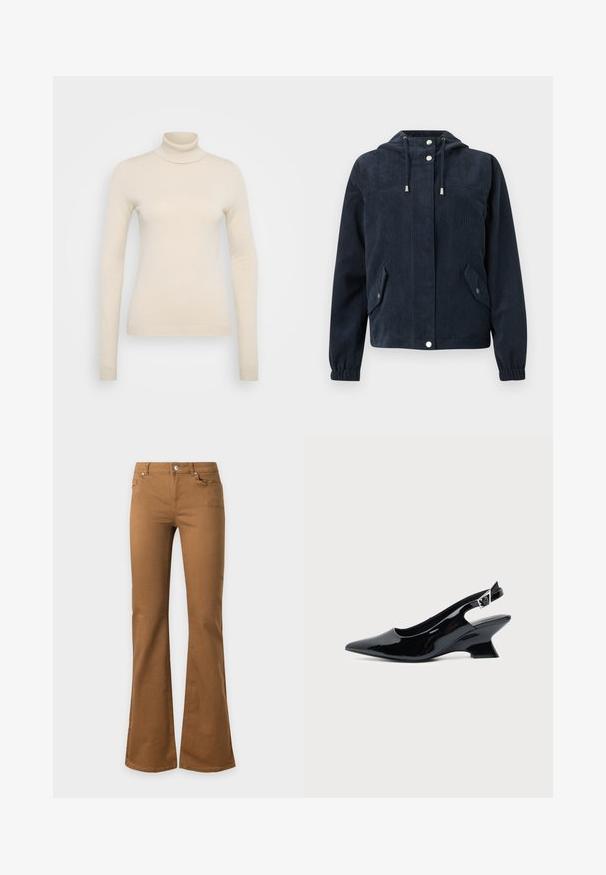 Chaqueta azul oscuro de pana con capucha, botones a presión en la parte delantera, puños elásticos y dos bolsillos con solapa y cierre de botón a presión.; Vero Moda Tall VMHAPPINESS ROLLNECK - Jersey de punto - oatmeal; Pantalones acampanados de mezclilla marrón con bolsillos frontales, trabillas para cinturón y cierre de botón sobre fondo blanco.; Zapato slingback de cuero charol negro con puntera puntiaguda y tacón bajo en bloque inclinado sobre fondo claro liso.