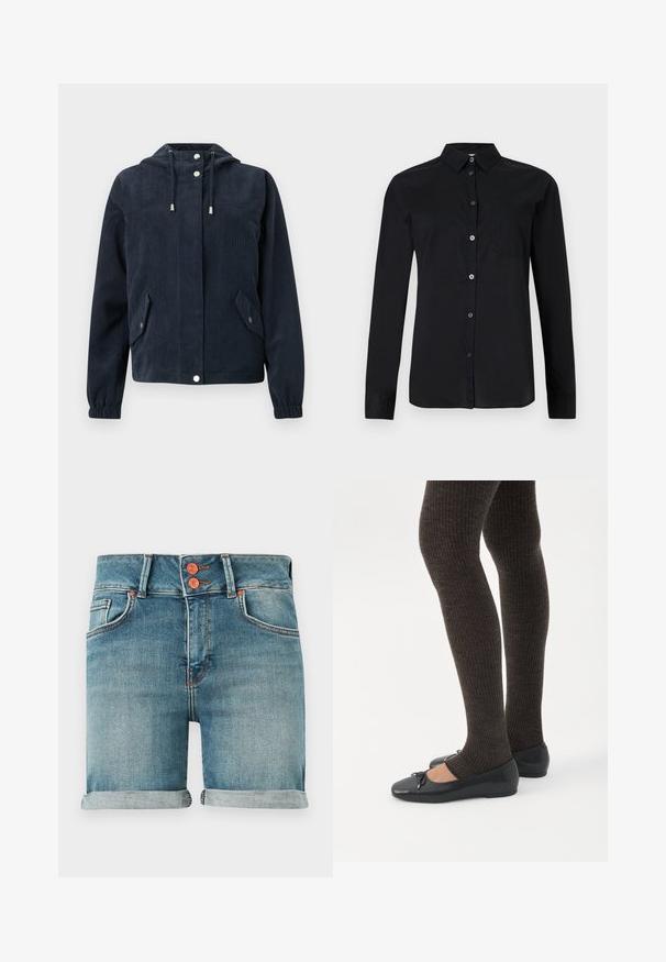 Veste en velours côtelé bleu foncé avec capuche, boutons-pression à l'avant, poignets élastiques et deux poches à rabat avec fermetures par pression.; Chemise noire à manches longues avec col et poche poitrine, présentée sur un fond clair uni.; Shorts en denim bleu avec ourlets roulés, double bouton en cuivre, poches avant et passants pour ceinture sur un fond uni.; Jambes portant des leggings côtelés foncés associés à des ballerines noires avec de petits détails en nœud sur fond blanc.