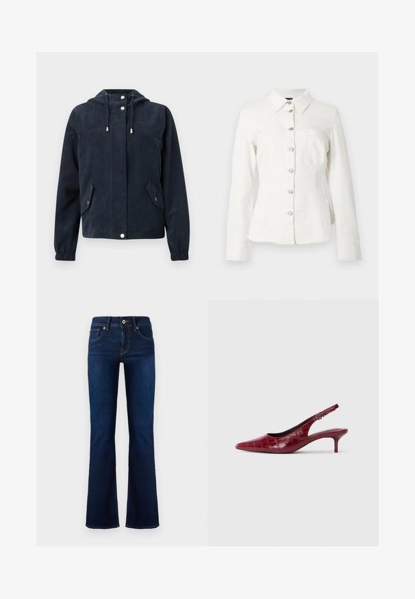 Donkerblauwe corduroy jas met kap, drukknopen aan de voorkant, elastische manchetten en twee klepzakken met druksluitingen.; Wit denim overhemd met kraag, lange mouwen en een knoopsluiting aan de voorkant. Voorzien van een enkele borstzak en zilveren knoopdetails.; Donkerblauwe denim flared jeans met een middelhoge taille, voorzakken en contrasterende stiksels. Voorzien van een metalen knoopsluiting en riemlussen.; Bordeaux lederen slingback pump met krokodillenstructuur, puntige neus, verstelbare gesp en lage kittenhak op een witte achtergrond.