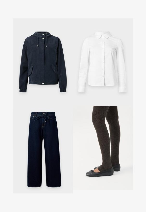Veste en velours côtelé bleu foncé avec capuche, boutons-pression à l'avant, poignets élastiques et deux poches à rabat avec fermetures par pression.; Chemise blanche à manches longues avec boutons, col pointu, ourlet droit et silhouette ajustée, présentée sur un fond clair uni.; Jean large bleu foncé en denim, doté d'une fermeture à bouton à l'avant et d'une taille à cordon, avec des détails de couture contrastants.; Jambes portant des leggings côtelés foncés associés à des ballerines noires avec de petits détails en nœud sur fond blanc.