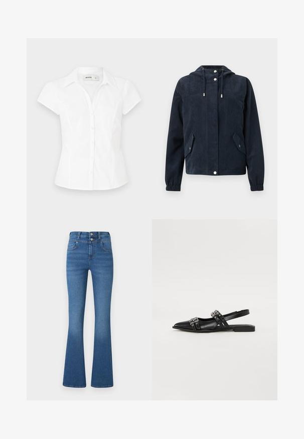 Veste en velours côtelé bleu foncé avec capuche, boutons-pression à l'avant, poignets élastiques et deux poches à rabat avec fermetures par pression.; Blouse blanche à manches courtes avec un col, dotée d'une coupe ajustée et de deux rangées de boutons sur le devant. Texture en coton lisse.; Jean flare bleu en denim, avec taille haute, deux poches avant, légères décolorations et fermeture à double bouton.; Even&Odd Ballerines à brides arrière - black