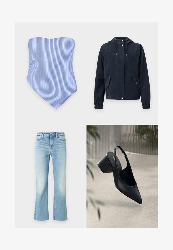 Veste en velours côtelé bleu foncé avec capuche, boutons-pression à l'avant, poignets élastiques et deux poches à rabat avec fermetures par pression.; Haut sans manches à rayures verticales bleu et blanc avec un ourlet pointu. Fabriqué en tissu léger, avec une texture lisse et une coupe ajustée.; Jean en denim bleu clair avec un design à leg flare, présentant une finition délavée et des coutures visibles. Comprend une fermeture par bouton et tirette.; Escarpin noir en cuir avec un bout pointu et un talon bloc. Texture lisse, design minimaliste et bride de cheville réglable.