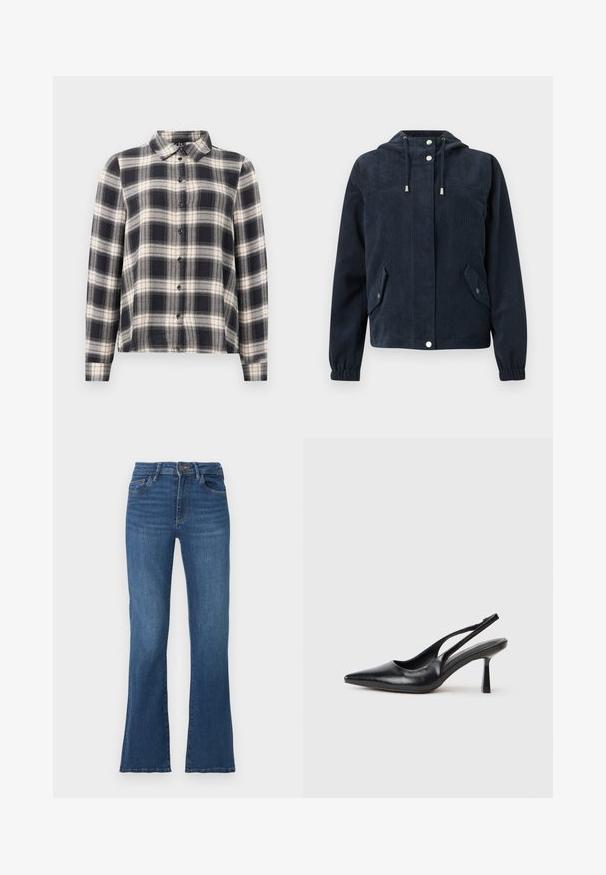 Chaqueta azul oscuro de pana con capucha, botones a presión en la parte delantera, puños elásticos y dos bolsillos con solapa y cierre de botón a presión.; Camisa de cuadros de manga larga en azul marino, blanco y beige. Presenta un cuello estándar, cierre frontal con botones y una tela suave con un patrón de cuadros.; Jeans de denim azul acampanados con una cintura alta, cinco bolsillos y costuras en contraste. Con cierre de botón y cremallera, textura ligeramente desgastada.; Zapato de tacón alto negro de cuero con puntera afilada y tacón delgado sobre un fondo blanco.