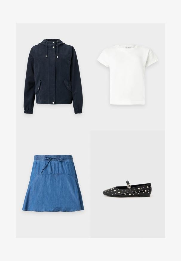 Veste en velours côtelé bleu foncé avec capuche, boutons-pression à l'avant, poignets élastiques et deux poches à rabat avec fermetures par pression.; T-shirt blanc uni à manches courtes et col rond, avec un ourlet droit, présenté sur un fond gris clair.; Jupe en jean bleu avec taille élastique et cordon de serrage, forme trapèze, et détails de coutures visibles sur un fond uni.; Ballerines en cuir noir avec un bout pointu, ornées de clous en argent et d'une sangle à boucle sur le côté. Surface texturée avec une semelle plate.