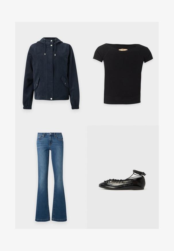 Veste en velours côtelé bleu foncé avec capuche, boutons-pression à l'avant, poignets élastiques et deux poches à rabat avec fermetures par pression.; Top noir ajusté à manches courtes avec large encolure dégagée sur les épaules et une étiquette Hollister à l'intérieur du col.; Jean en denim bleu avec une taille haute, bouton et fermeture éclair à l'avant, style cinq poches, jambes évasées sur fond uni.; Ballerines en cuir verni noir avec un bout rond, un design à lacets et une semelle plate. Texture lisse avec peu de détails.