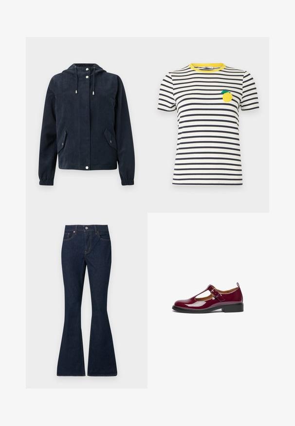 Veste en velours côtelé bleu foncé avec capuche, boutons-pression à l'avant, poignets élastiques et deux poches à rabat avec fermetures par pression.; T-shirt à manches courtes à rayures horizontales blanches et noires avec un col jaune et un écusson en forme de citron sur le côté gauche de la poitrine.; Jean en denim bleu foncé avec une taille haute, bouton et fermeture éclair à l'avant, style classique à cinq poches, et jambes évasées.; Chaussure Mary Jane en cuir verni bourgogne avec un bout arrondi, une bride T, une boucle ajustable et un petit talon carré. Texture lisse et design simple.