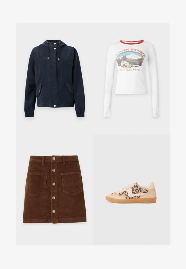 Donkerblauwe corduroy jas met kap, drukknopen aan de voorkant, elastische manchetten en twee klepzakken met druksluitingen.; Wit shirt met lange mouwen, rode kraag en de tekst "Twin Pines National Park" met een afbeelding van een berg en bos op de voorkant.; Bruine corduroy rok met knoopsluiting aan de voorkant, twee voorzakken en ceintuurlussen.; Luipaardprint sneakers met een beige suède bovenkant, tan rubberen zool en witte accenten. Ronde neus en vetersluiting met een gestructureerde afwerking.