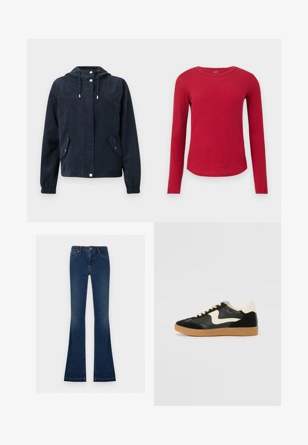 Veste en velours côtelé bleu foncé avec capuche, boutons-pression à l'avant, poignets élastiques et deux poches à rabat avec fermetures par pression.; Haut rouge en maille côtelée à manches longues, col rond, ourlet incurvé, silhouette ajustée et étiquette GAP à l'intérieur du col.; Jean en denim bleu foncé à taille haute avec jambes évasées, doté de poches avant, de passants pour ceinture et d'une fermeture à boutons.; Baskets en daim et cuir noir avec un swoosh latéral crème et un talon crème clair. Dotées de lacets beige et d'une semelle en caoutchouc gomme.