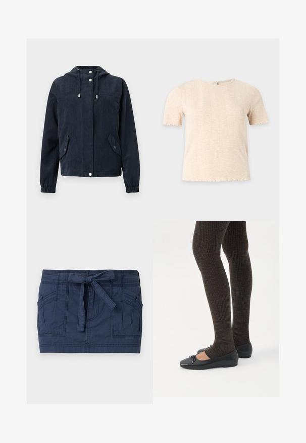Veste en velours côtelé bleu foncé avec capuche, boutons-pression à l'avant, poignets élastiques et deux poches à rabat avec fermetures par pression.; Haut tricoté beige à manches courtes avec col rond et motif côtelé vertical discret, sur fond uni gris clair.; Mini-jupe bleu marine avec grandes poches avant et ceinture en tissu nouée à la taille, en coton texturé.; Jambes portant des leggings côtelés foncés associés à des ballerines noires avec de petits détails en nœud sur fond blanc.