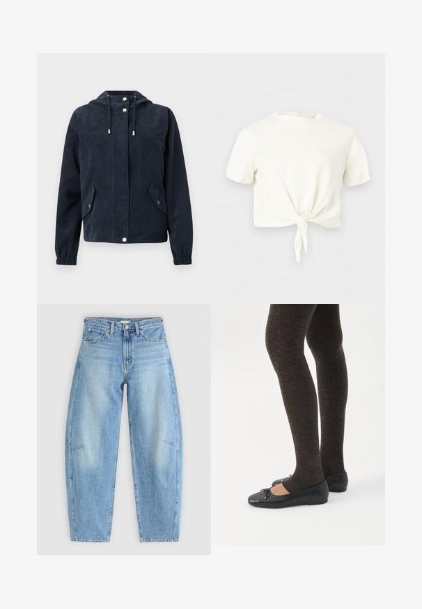 Mørkeblå kordfløjlsjakke med hætte, knapper foran med trykknapper, elastiske manchetter og to klaplommer med trykknaplukninger.; Hvid kortærmet crop top med rund hals og knudedetalje foran på ensfarvet lys baggrund.; Lyseblå denimjeans med en afslappet pasform, der har høj talje, lige ben og diskrete syninger på frontlommen.; Ben iført mørke ribbede leggings kombineret med sorte balletsko med små sløjfedetaljer på hvid baggrund.