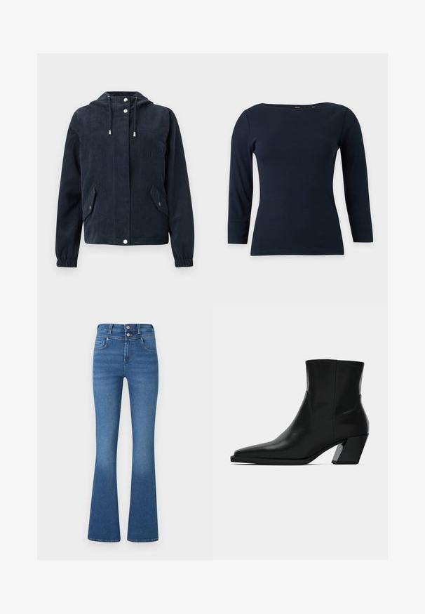 Veste en velours côtelé bleu foncé avec capuche, boutons-pression à l'avant, poignets élastiques et deux poches à rabat avec fermetures par pression.; Haut ajusté bleu marine à manches longues avec un col bateau et une texture de tissu simple et lisse sur fond uni.; Jean flare bleu en denim, avec taille haute, deux poches avant, légères décolorations et fermeture à double bouton.; Bottine en cuir noir avec un bout pointu, une silhouette élégante et un talon carré massif. Texture lisse avec des détails de couture minimalistes.