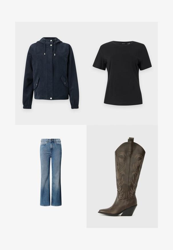 Donkerblauwe corduroy jas met kap, drukknopen aan de voorkant, elastische manchetten en twee klepzakken met druksluitingen.; Zwart T-shirt met korte mouwen, ronde hals, rechte zoom en glad, effen stof.; Blauwe denim jeans met een hoge taille, wijd uitlopend ontwerp en een vervaagde wassing. Heeft een klassieke vijf-pocket stijl en een sluiting met een knoop aan de voorkant.; Bruine leren cowboylaars met een spitse neus, wiggenhak en decoratieve borduursels. Heeft een hoge schacht en een trekriem.