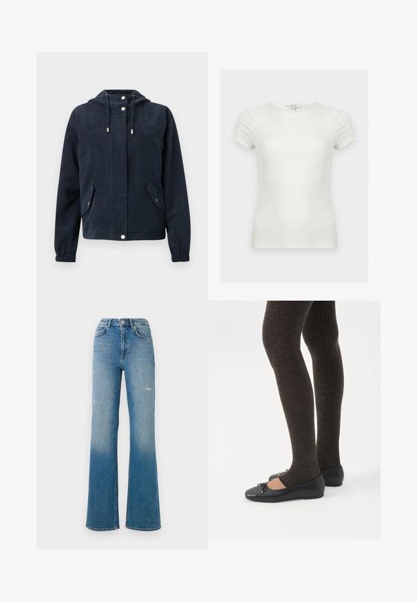 Chaqueta azul oscuro de pana con capucha, botones a presión en la parte delantera, puños elásticos y dos bolsillos con solapa y cierre de botón a presión.; Camiseta blanca lisa ajustada con mangas cortas y escote redondo, mostrada sobre un fondo neutro.; Jeans de mezclilla azul de talle alto con leve desgastes en los muslos, estilo de cinco bolsillos y diseño de pierna acampanada.; Piernas con leggings oscuros acanalados combinados con bailarinas negras que presentan pequeños detalles de lazo sobre un fondo blanco.