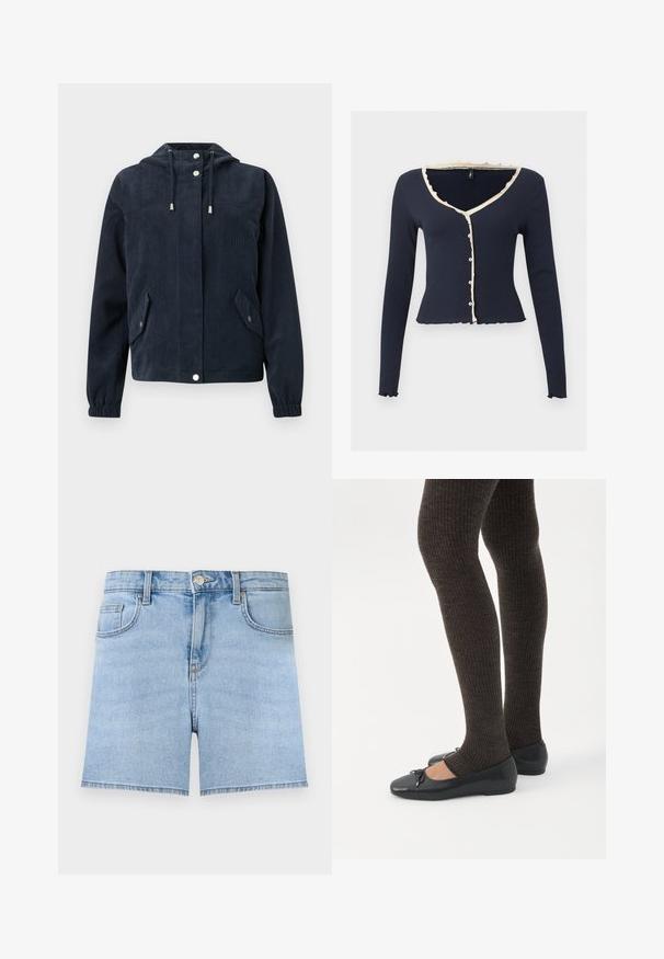 Veste en velours côtelé bleu foncé avec capuche, boutons-pression à l'avant, poignets élastiques et deux poches à rabat avec fermetures par pression.; Cardigan court bleu marine à manches longues avec bordure beige à volants, col en V et boutons à l'avant sur fond clair uni.; Short en jean bleu clair avec bouton à l'avant, fermeture éclair, passants de ceinture et design cinq poches sur un fond uni.; Jambes portant des leggings côtelés foncés associés à des ballerines noires avec de petits détails en nœud sur fond blanc.