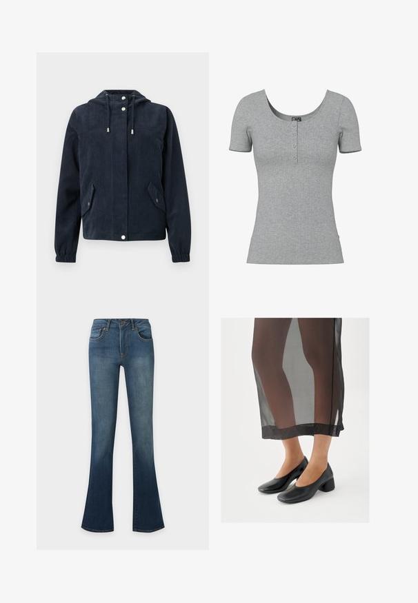 Veste en velours côtelé bleu foncé avec capuche, boutons-pression à l'avant, poignets élastiques et deux poches à rabat avec fermetures par pression.; Haut gris côtelé à manches courtes avec un col rond en U et quatre petits boutons en ligne au centre devant.; Jean en denim bleu avec une coupe évasée, fermeture devant par boutons et zip, et style classique cinq poches.; Chaussures noires à talons blocs avec une finition en cuir lisse, portées avec une jupe noire transparente à ourlet net et design minimaliste.