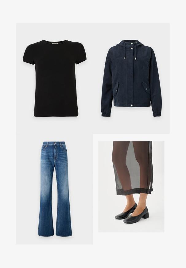 Mørkeblå kordfløjlsjakke med hætte, knapper foran med trykknapper, elastiske manchetter og to klaplommer med trykknaplukninger.; Sort kortærmet t-shirt med rund hals, lavet af glat bomuldsstof, med et enkelt design og uden synlige mønstre eller accenter.; Udfoldede blå denim jeans med en falmet vask, fem-lomme design, bæltestropper og frontlukning med knap. Glat tekstur og klassisk snit.; Sorte sko med blokhæle og glat læderfinish, båret med et gennemsigtigt sort skørt med en ren kant og minimalistisk design.