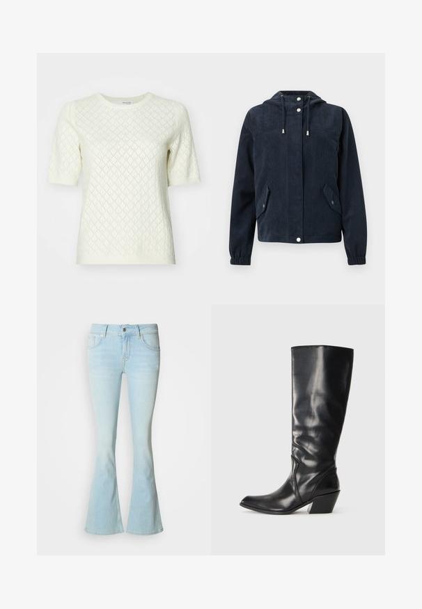 Mørkeblå kordfløjlsjakke med hætte, knapper foran med trykknapper, elastiske manchetter og to klaplommer med trykknaplukninger.; Creme kortærmet sweater med et struktureret diamantmønster. Har en rund halsudskæring og ribkantede kanter. Fremstillet af let strikket stof.; Lysvaskede, vide jeans i denimstof med høj talje, der har lukning med knapper foran og femlomme-design.; Sorte læder knæhøje støvler med spids tå, vinklet hæl og glat tekstur. Funktioner en subtil syning langs siden.
