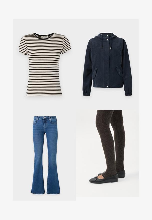 Mørkeblå kordfløjlsjakke med hætte, knapper foran med trykknapper, elastiske manchetter og to klaplommer med trykknaplukninger.; Sort og creme-stribet kortærmet t-shirt med rund hals, lavet af blødt stof. Lige snit med en pæn finish. AWARE branding synligt.; Blå denimjeans med udvidede ben, forsideknap og lynlås samt for- og baglommer på ensfarvet baggrund.; Ben iført mørke ribbede leggings kombineret med sorte balletsko med små sløjfedetaljer på hvid baggrund.