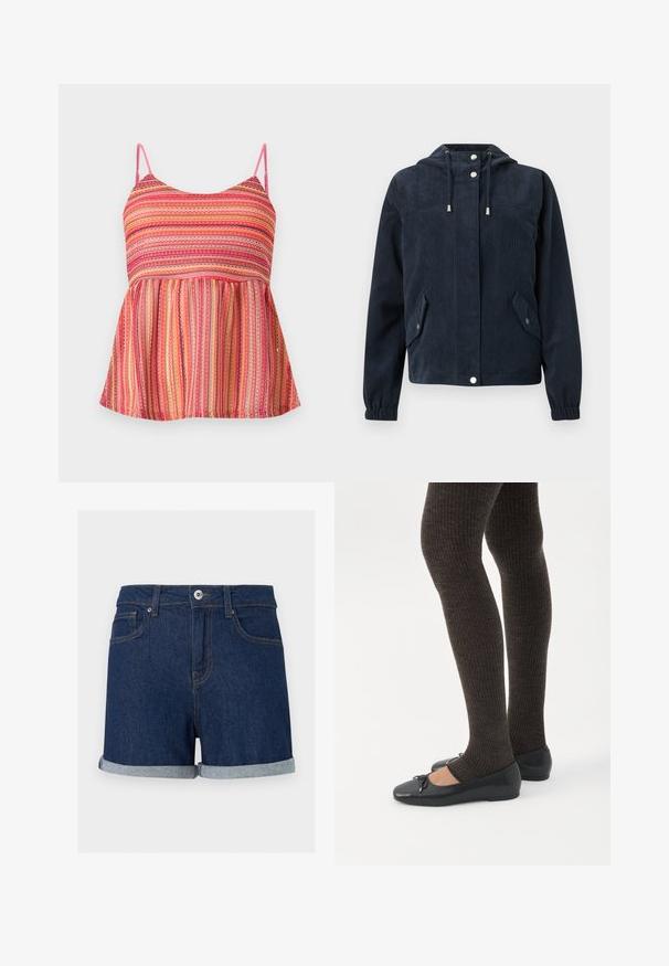 Veste en velours côtelé bleu foncé avec capuche, boutons-pression à l'avant, poignets élastiques et deux poches à rabat avec fermetures par pression.; Haut sans manches en tricot à rayures roses et oranges avec bretelles spaghetti et coupe ample évasée.; Short en denim bleu foncé avec ourlets pliés, fermeture à boutons et zip à l'avant, et poches avant sur fond uni.; Jambes portant des leggings côtelés foncés associés à des ballerines noires avec de petits détails en nœud sur fond blanc.