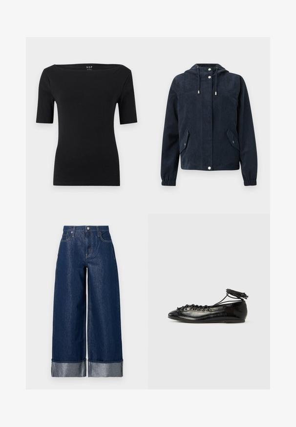 Veste en velours côtelé bleu foncé avec capuche, boutons-pression à l'avant, poignets élastiques et deux poches à rabat avec fermetures par pression.; Haut noir moulant à manches courtes avec encolure bateau, en tissu lisse, étiquette taille petite, présenté sur un fond clair uni.; Jean large en denim bleu foncé à taille haute, design à cinq poches, et revers pliés dévoilant le tissu intérieur plus clair.; Ballerines en cuir verni noir avec un bout rond, un design à lacets et une semelle plate. Texture lisse avec peu de détails.