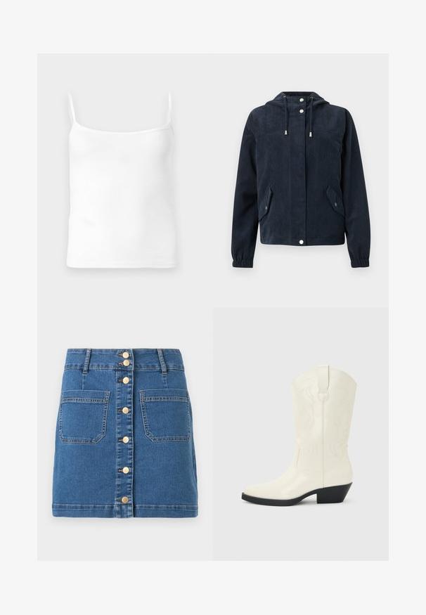 Donkerblauwe corduroy jas met kap, drukknopen aan de voorkant, elastische manchetten en twee klepzakken met druksluitingen.; Witte geribbelde tanktop met dunne bandjes, ronde halslijn en een getailleerde pasvorm, gemaakt van een zachte katoenmengsel stof.; Blauwe denim minirok met knoopsluiting aan de voorkant en twee grote opgestikte zakken, met riemlussen en contrasterende stiksels.; Witte westernlaars tot halverwege de kuit met puntige neus, zwarte gestapelde hak, decoratieve stiknaden en een lus aan de schacht.